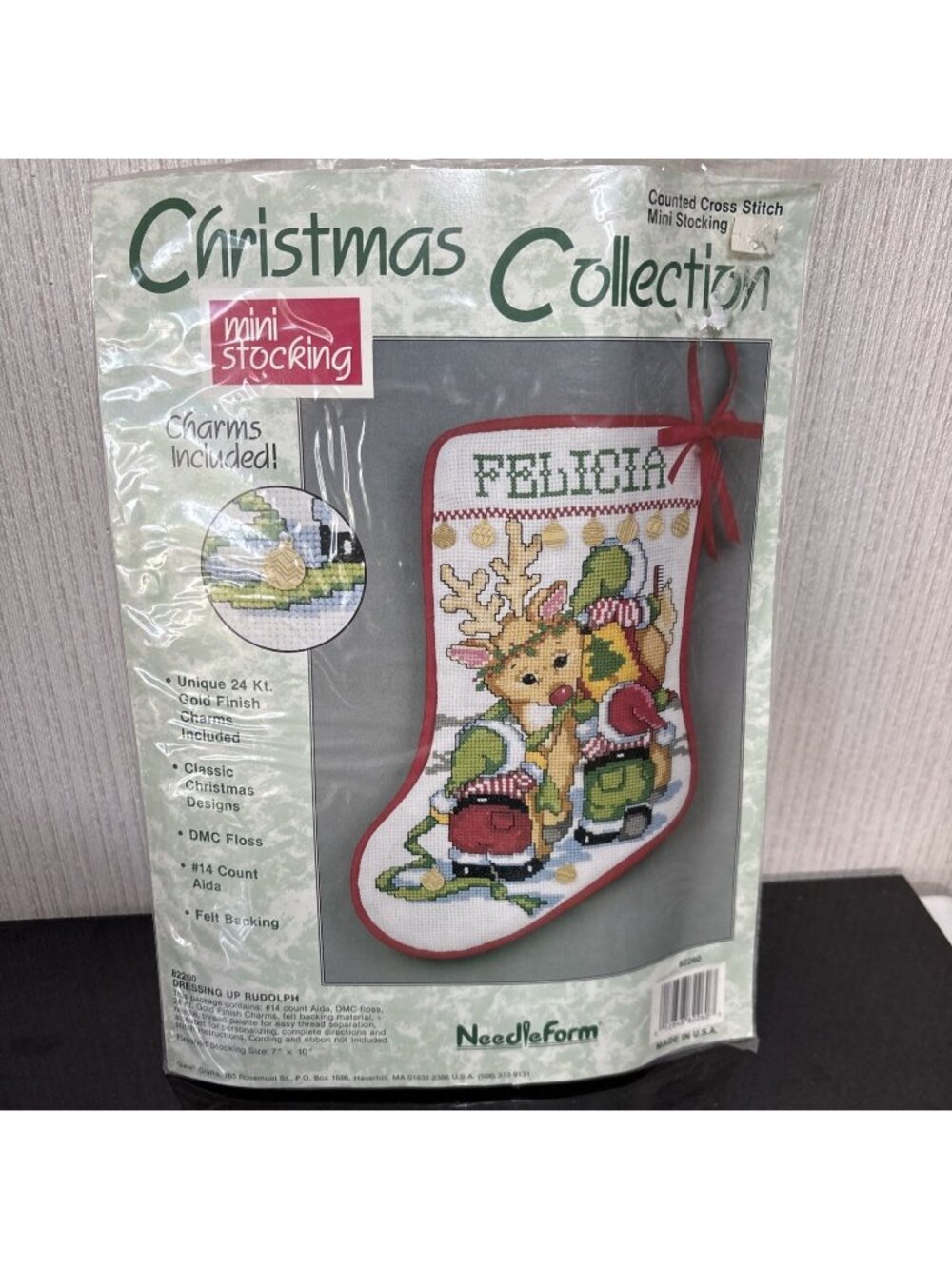 Christmas Stocking Kit Cross Stitch Rudolph Personalized 24k Charm Needleform